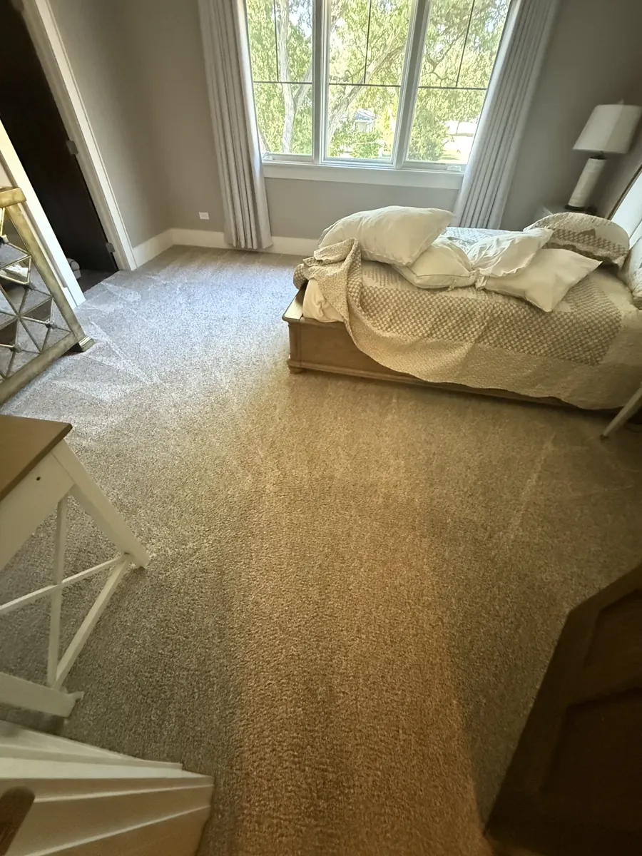 Bedroom with plush cut-pile carpet freshly cleaned with a counter-rotating brush scrubber in a Wheaton home