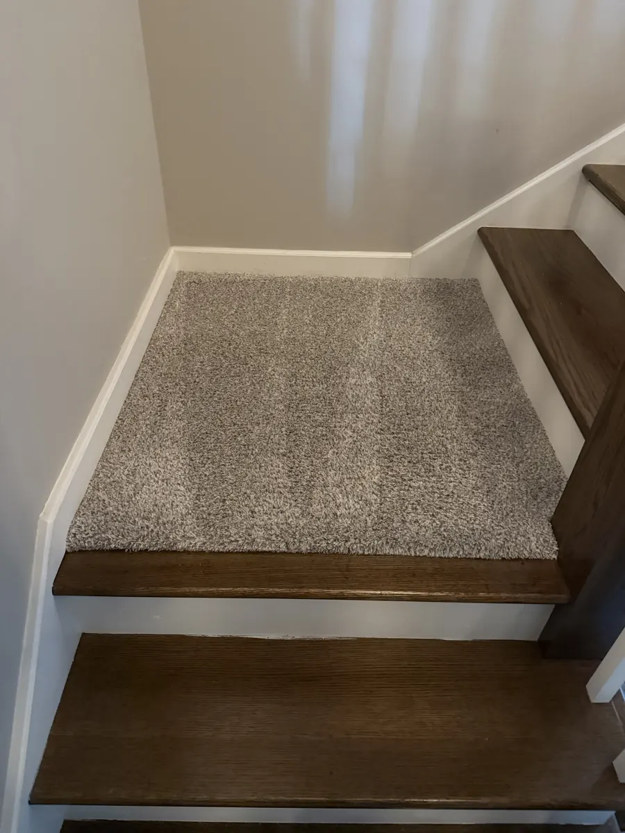 Carpeted mid-stair landing between wood stair treads after professional CRB carpet cleaning