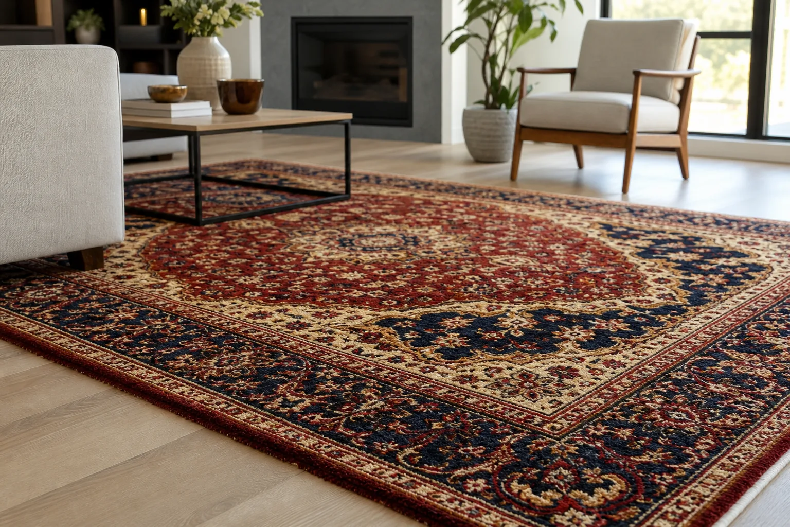 Handwoven wool area rug with intricate Persian pattern on a hardwood floor