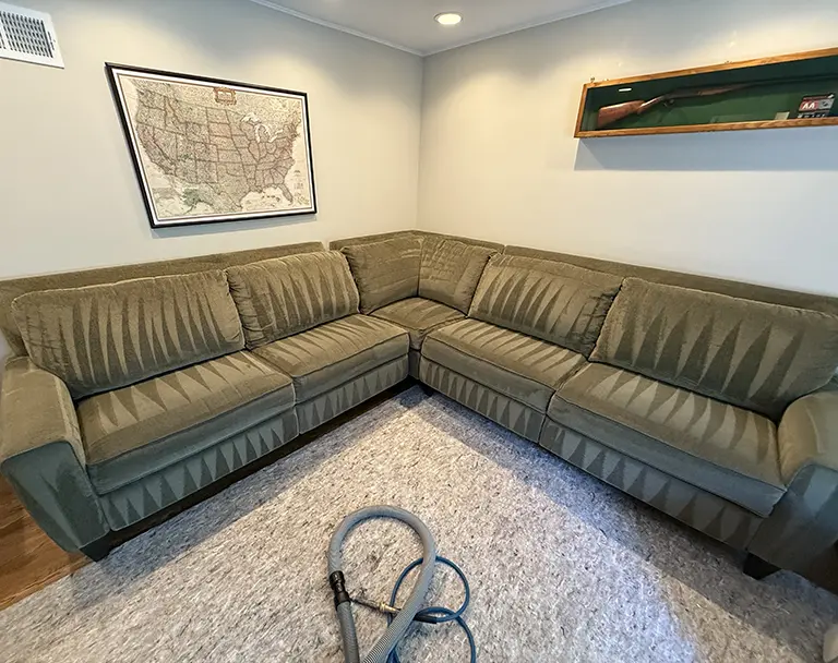couch on clean carpet with visible cleaning marks