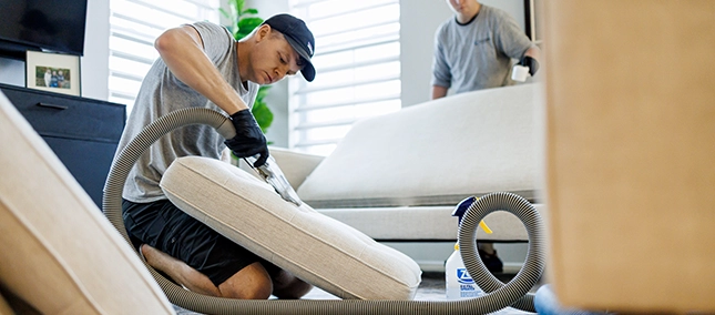 man cleaning couch with steam
