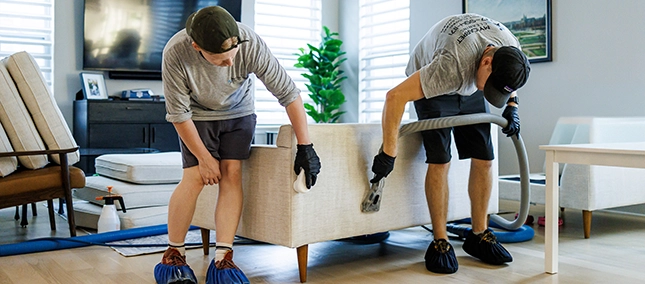 two carpet cleaning team members inspecting sectional