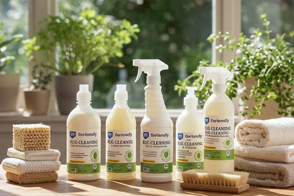Eco-friendly carpet cleaning products on a wooden table, highlighting their benefits for rug cleaning and environmental health