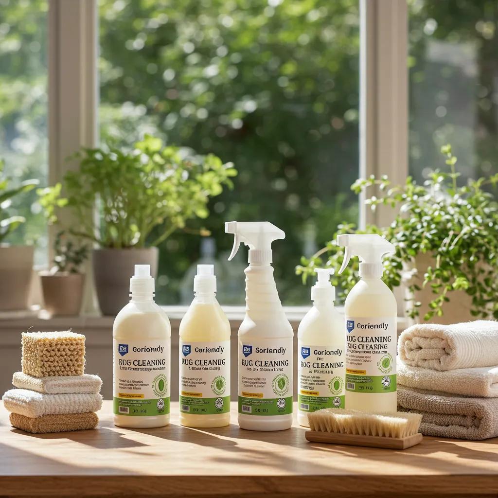 Eco-friendly cleaning products on a wooden table, highlighting their benefits for area rug cleaning prices and environmental health