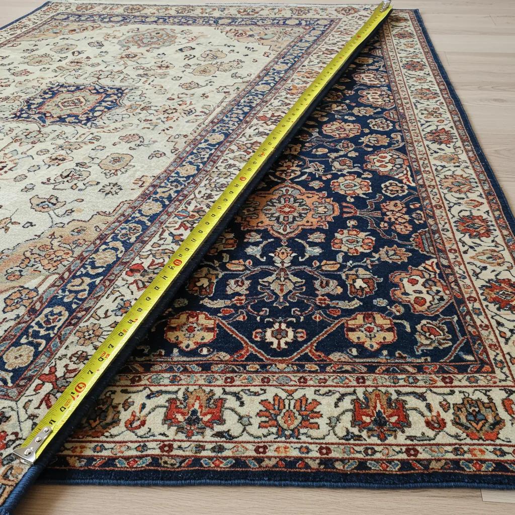 Measuring tape next to various sized rugs, illustrating the relationship between rug size and cleaning costs
