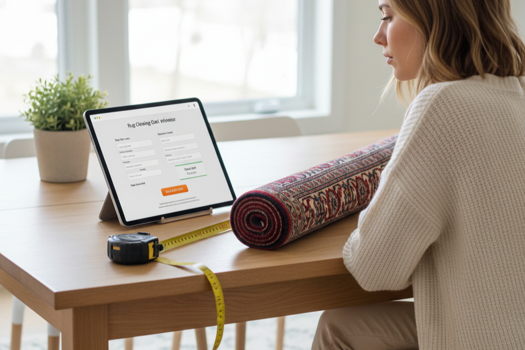 Homeowner using an online rug cleaning cost calculator with a measuring tape and rug nearby on a table.