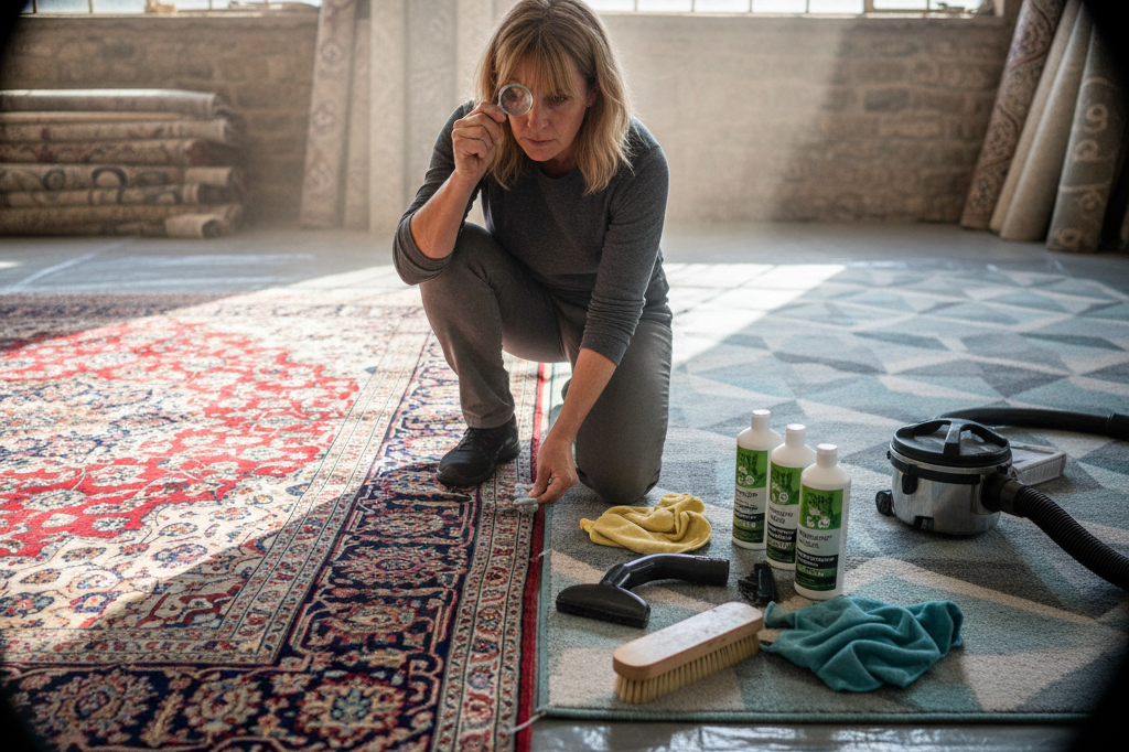 Professional rug cleaner inspecting silk and synthetic rugs with cleaning tools and detergents nearby in a workshop.