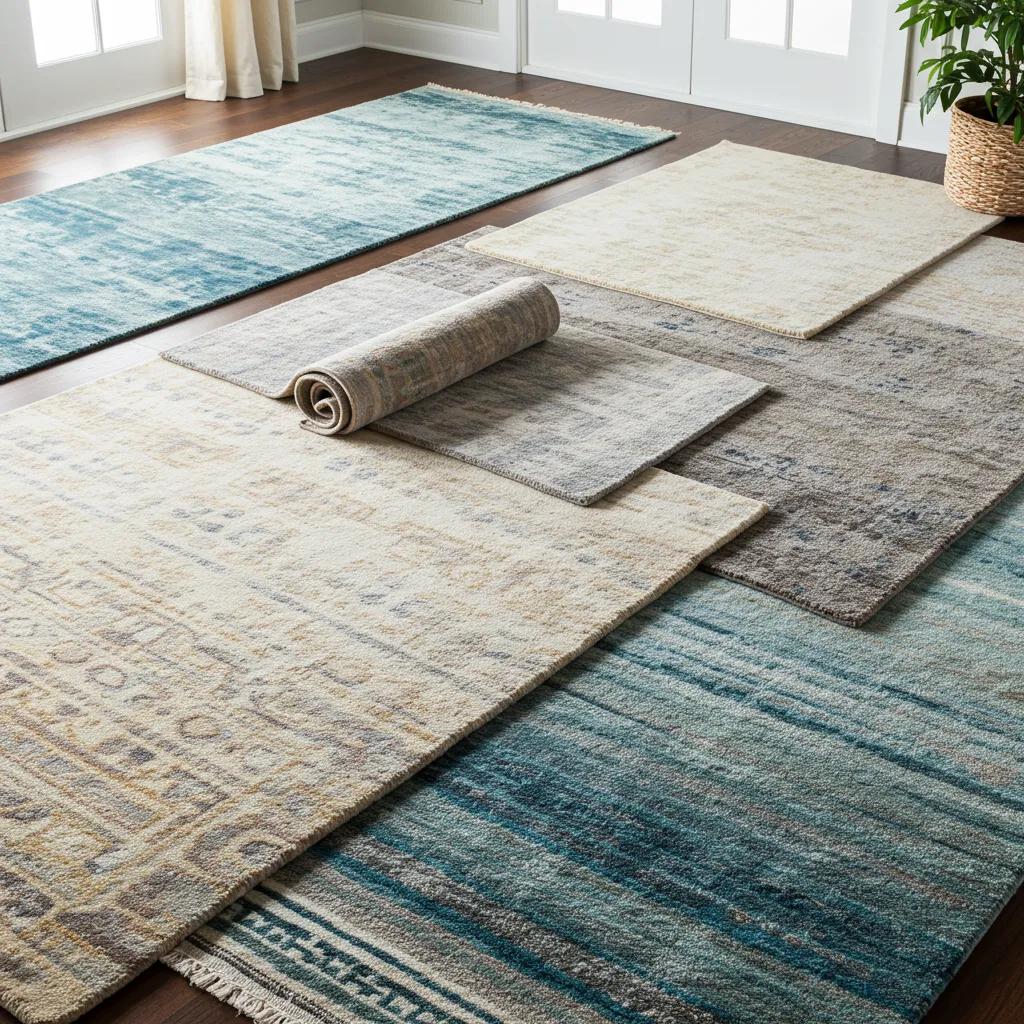 Variety of area rugs in a cozy living room, highlighting different materials and sizes for rug cleaning